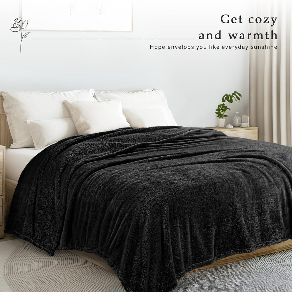 Exclusivo Mezcla Queen Size Flannel Fleece Blanket, Super Soft Velvet Plush Bed Blanket, Fuzzy Cozy and Warm for All Seasons, 90x90 Inches, Black