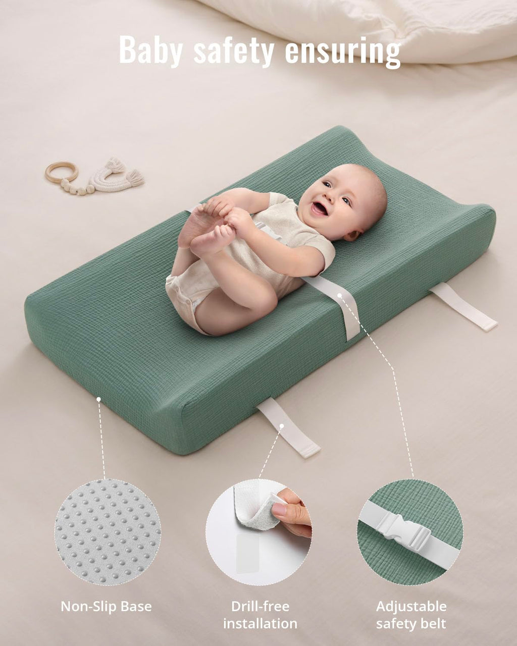Blissful Diary Muslin Baby Changing Pad with Waterproof Lining Foam, Diaper Changing Table Pad with Cover for Dressers (Roman Green, Rectangular)
