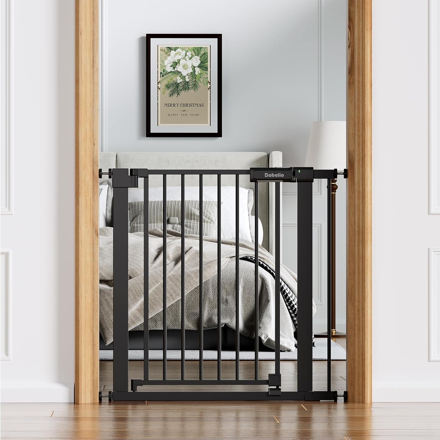 BABELIO Baby Gate for Doorways and Stairs, 31-36" Pet Gate with Wide Walk Thru Door and Lock Indicator, No Drill Pressure Mounted Safety Gate with Double Lock and Self-Closing, Black