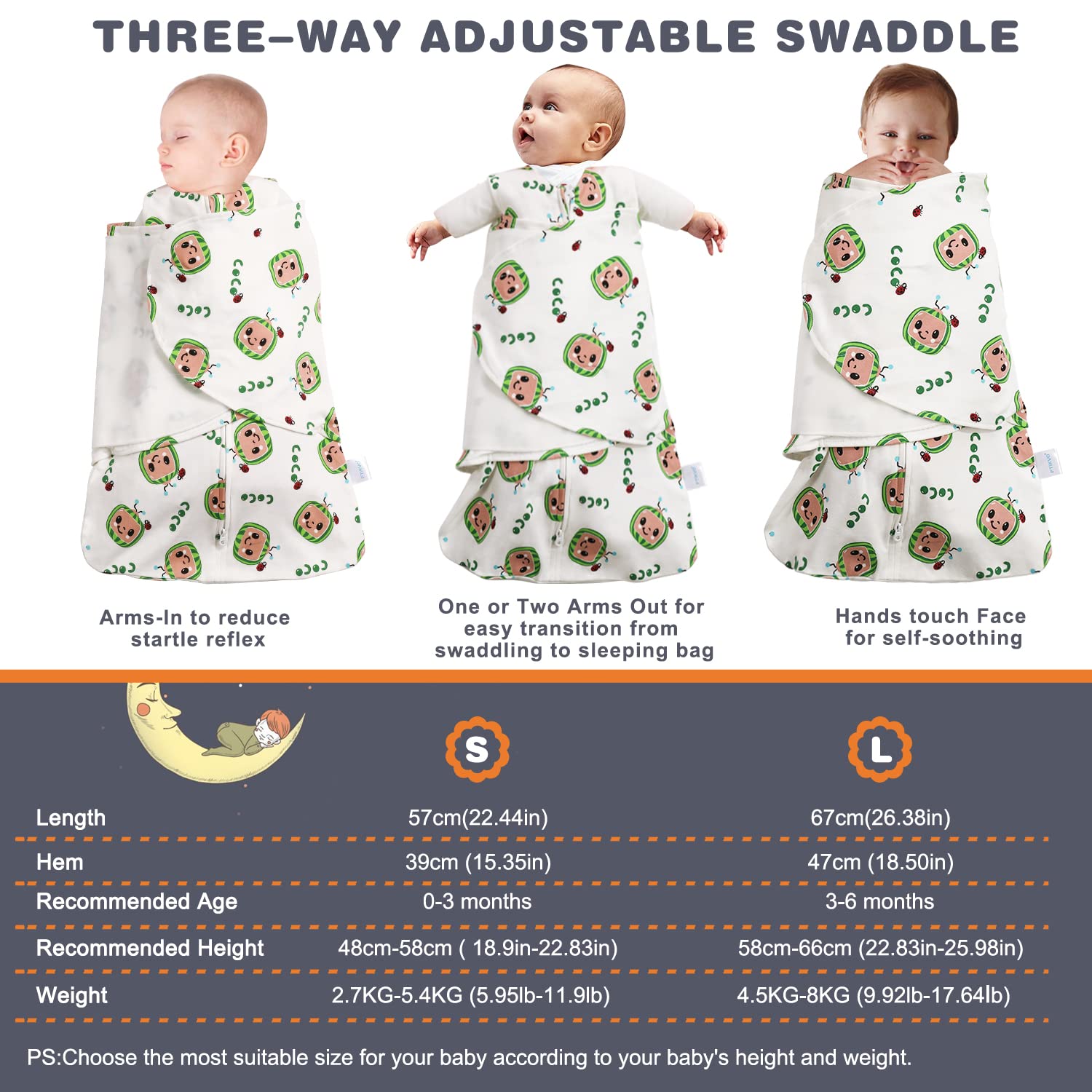 Swaddle-Blanket Baby Girl & Boy Swaddles Newborn Infant Transition 100% Cotton Wrap Blankets, 3-Way Adjustable Wearable Blanket, TOG 1.0 (Watermelon 0-3 Month)