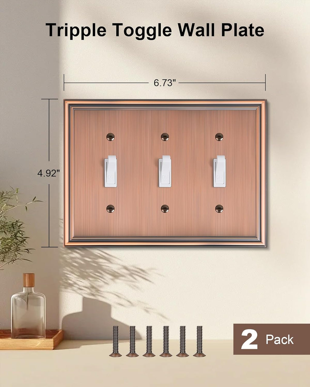 2-Pack Triple Toggle Light Switch Cover Plate, Durable Solid Zinc Alloy Decorative Switch Plate Covers, Antique Copper 3 Gang Wall Plate, Corrosion Resistant