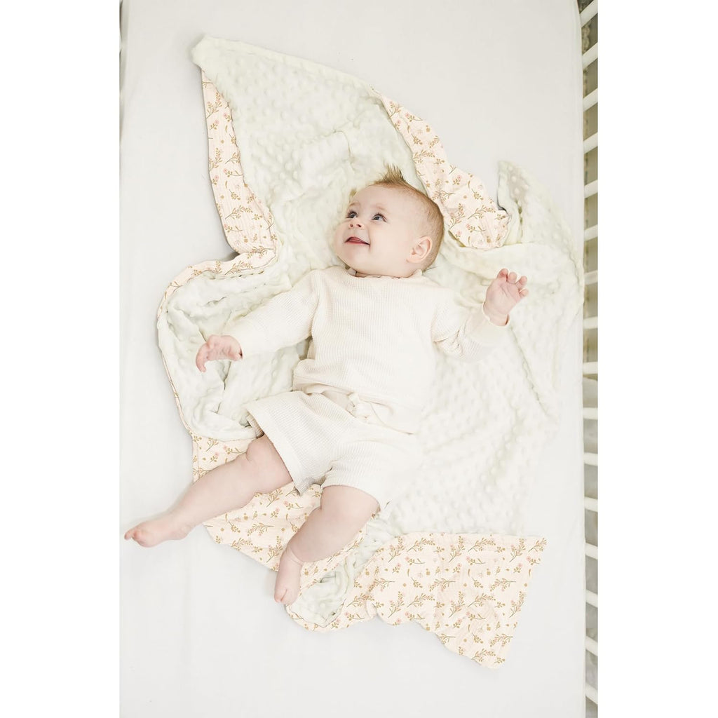 Konssy Baby Blankets for Unisex Boys Girls, Super Soft Nursery Minky Blankets with Muslin Cotton Front and Dotted Fleece Backing, Printed Bed Throws Newborn
