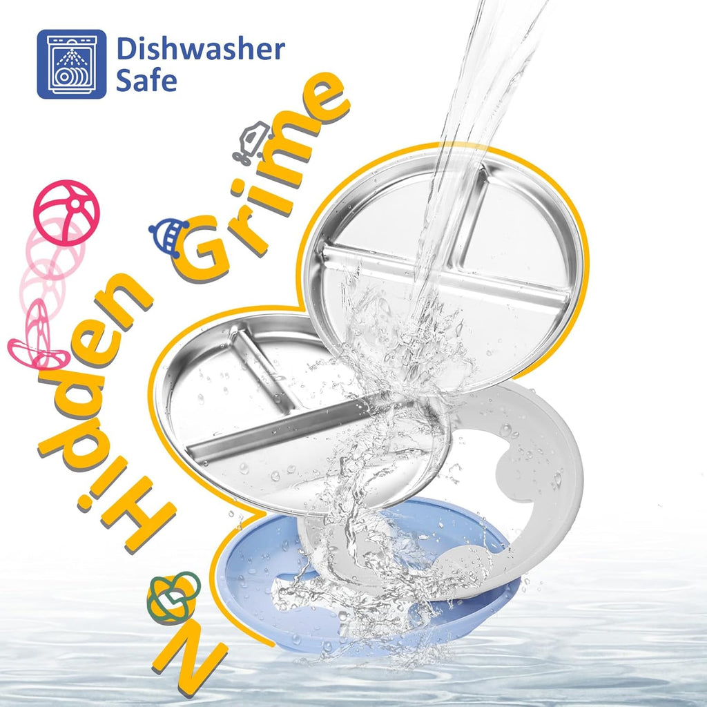 Stainless Steel Suction Plates for Toddlers, 9" Divided Kids Baby Plates with Removable Silicone Suction, Non Toxic Non Slip Portion Control Snack Dishes 3 Packs, Blue Gray Sage