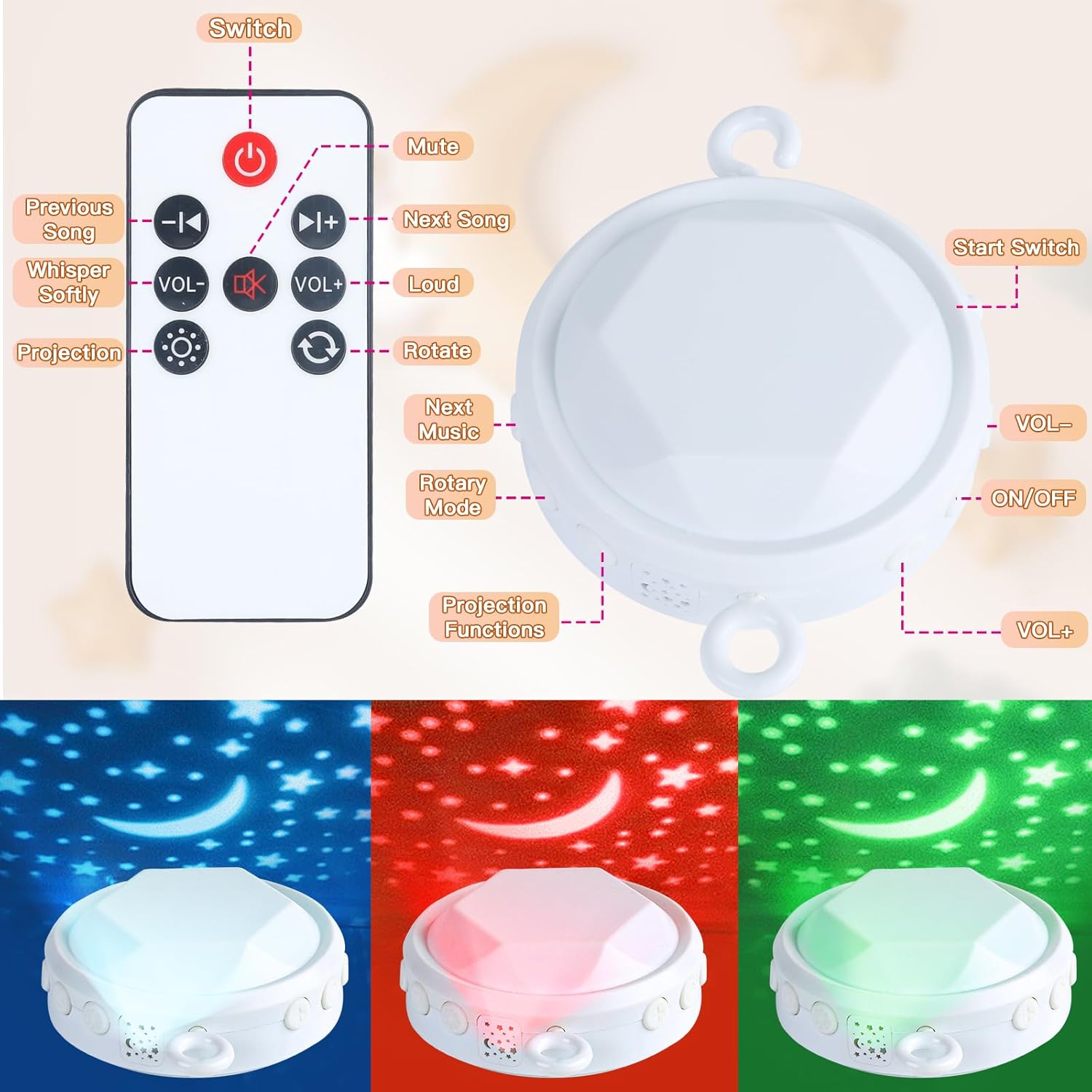 Baby Crib Mobile with Music and Lights, Mobile for Crib with Remote Control, Rotation, Starlight Projection, Crib Toys for Babies Boys Girls(Pink)