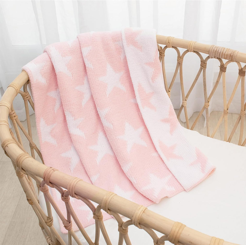 Living Textiles Pink Star Chenille Soft Baby Blanket Reversible Premium Cozy Fabric for Best Comfort - for Infant,Toddler,Newborn,Nursery,Boy,Unisex,Throw,Crib,Stroller,Gift, Pink Star 40x30