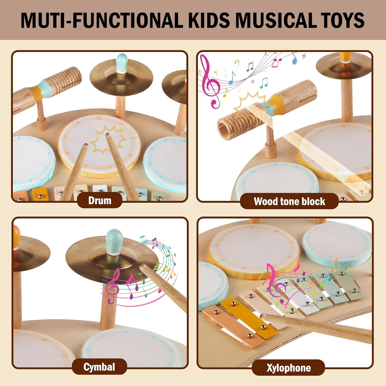 Toddlers Drum Set Toys for 1 Year Old Boy Girls,Baby Drum with Xylophone for Toddlers 1-3,Musical Instruments, Kids Wooden Montessori Toys (Wood)