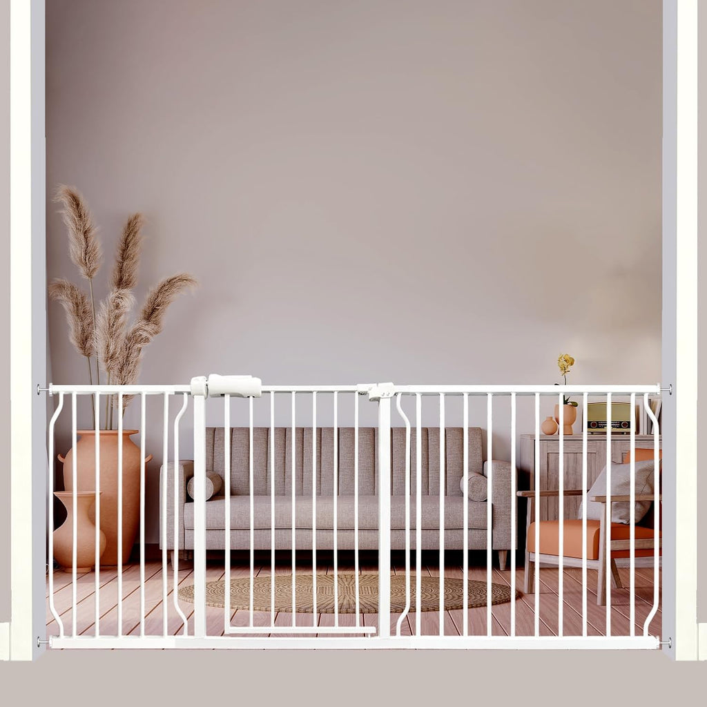 Extra Wide Baby Gates - 71.6-76.4 Inch, Heavy Duty Baby & Pet Safety Gate, White Metal, Tension Mounted Child & Pet Gates for Stairs & Doorways