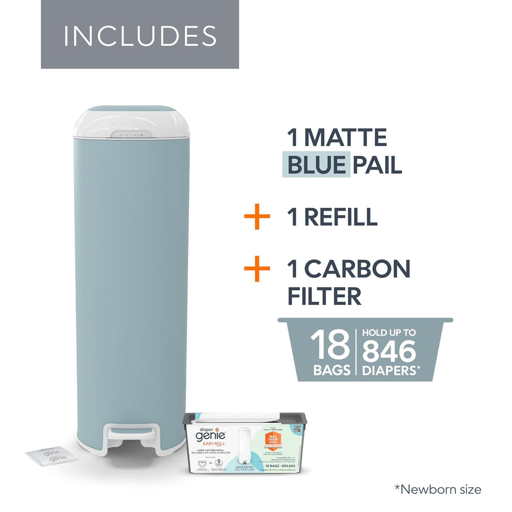 Diaper Genie Platinum Pail (Glacial Blue) is Made in Durable Stainless Steel and Includes 1 Easy Roll Refill with 18 Bags That can Last up to 5 Months.