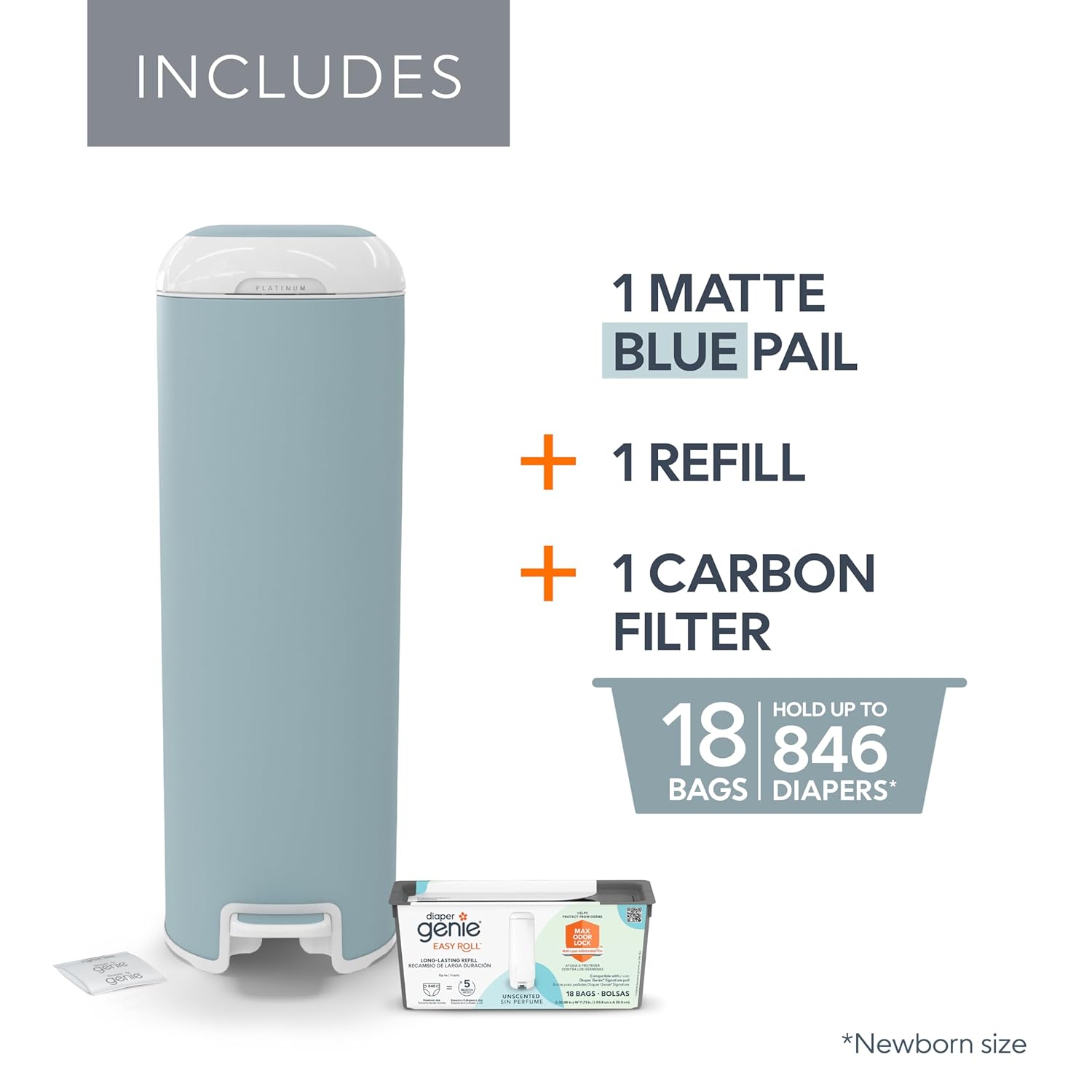 Diaper Genie Platinum Pail (Glacial Blue) is Made in Durable Stainless Steel and Includes 1 Easy Roll Refill with 18 Bags That can Last up to 5 Months.