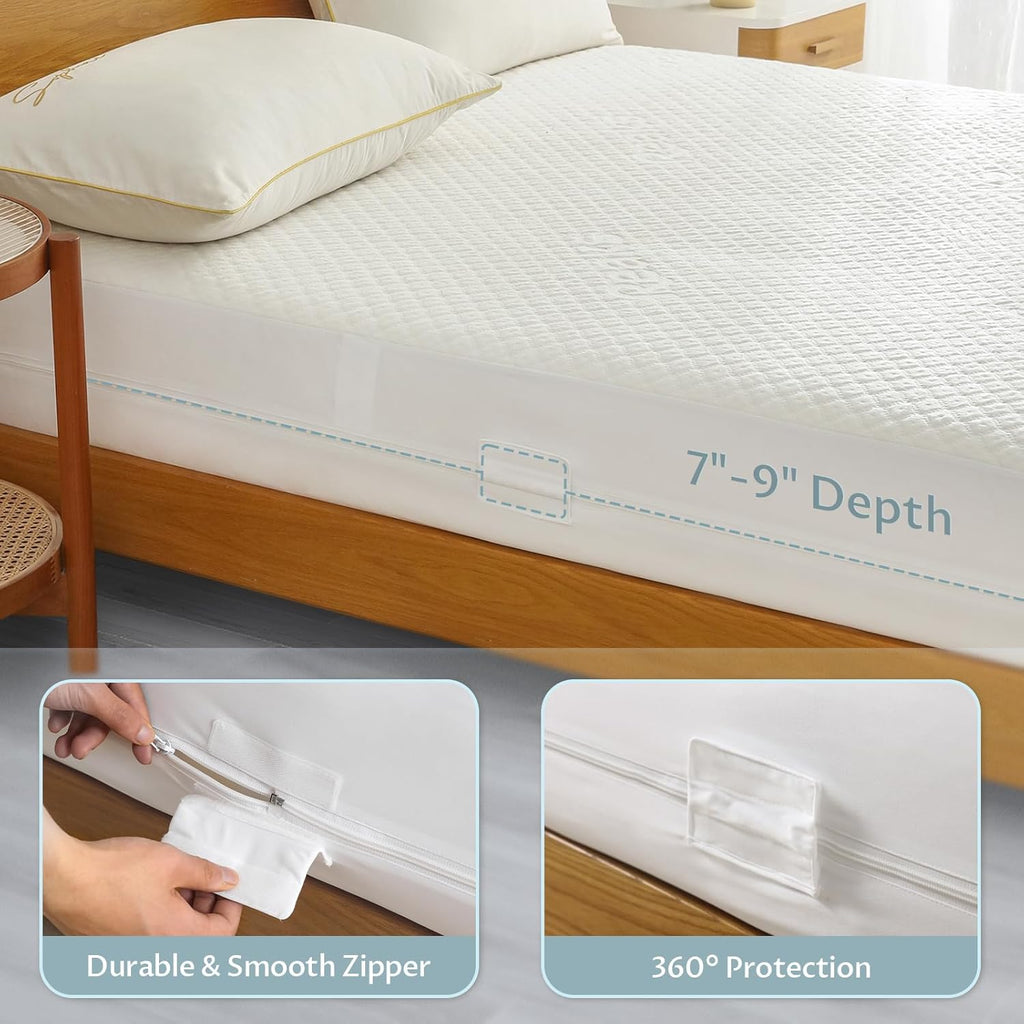 Queen Size Mattress Protector with Zipper - 100% Waterproof Zippered Mattress Cover - Soft & Cooling Noiseless Bed Mattress Covers - Top Removable Mattress Encasement 7-9" Deep