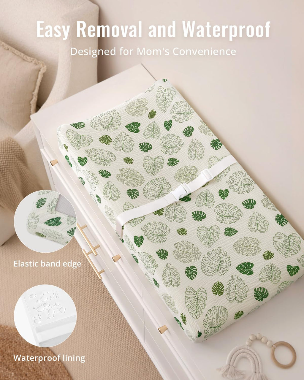 Blissful Diary Muslin Baby Changing Pad with Waterproof Lining Foam, Diaper Changing Table Pad with Cover for Dressers (Monstera, Rectangular)