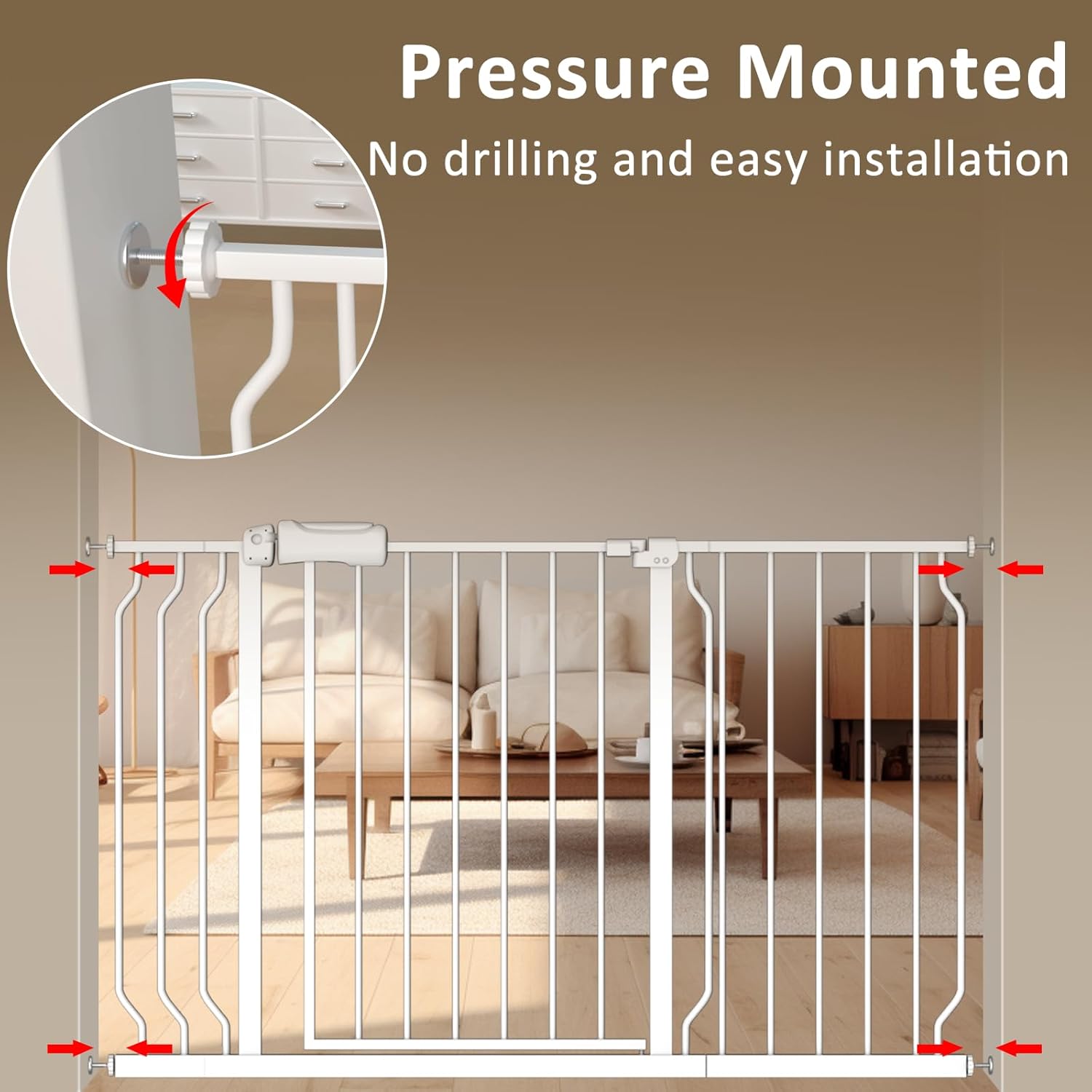 ALLAIBB Extra Wide Baby Gate Pressure Mount with Auto-Close, White Metal Safety Gate for Stairs & Doorways - Child Proof, Pet Barrier for Hallways, Kitchen, Living Room for 33.86-38.58 inch