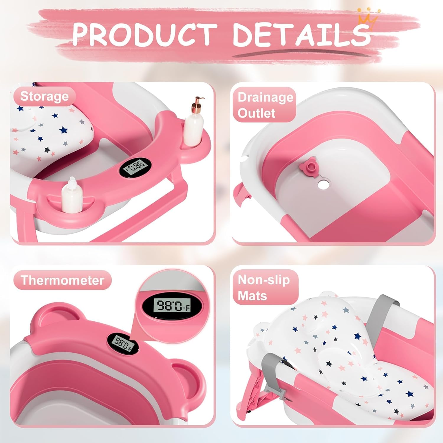 TPN Collapsible Baby Bathtub, Baby Bath Tub with Soft Cushion & Real-Time Thermometer, Baby Bathtub Infant to Toddler Tub (0-36 Months), Portable Newborn Travel Bath tub