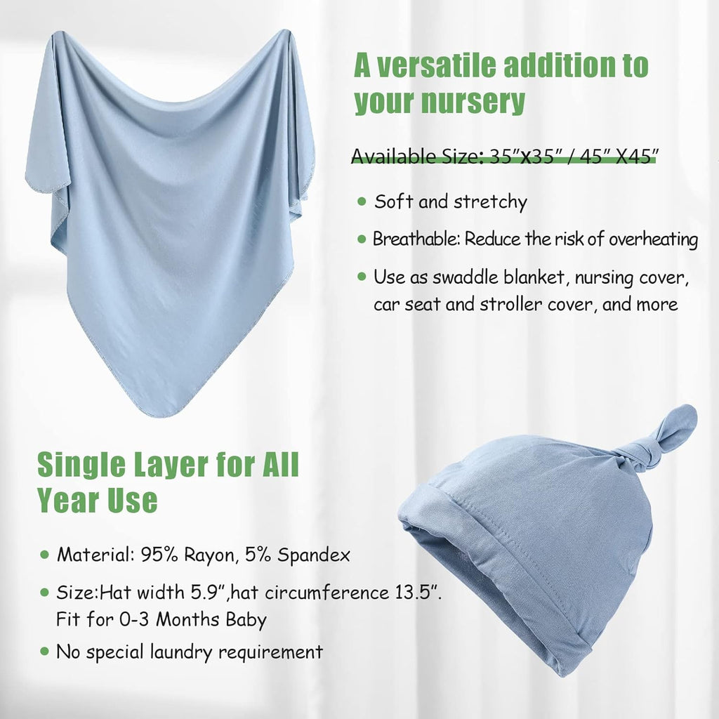 iEvolve Cotton Knitted Baby Swaddle Blanket with Hat Headband Set Newborn Swaddle Wrap Receiving Blankets for Baby Girl Boy 45" x 45"(Lightblue)
