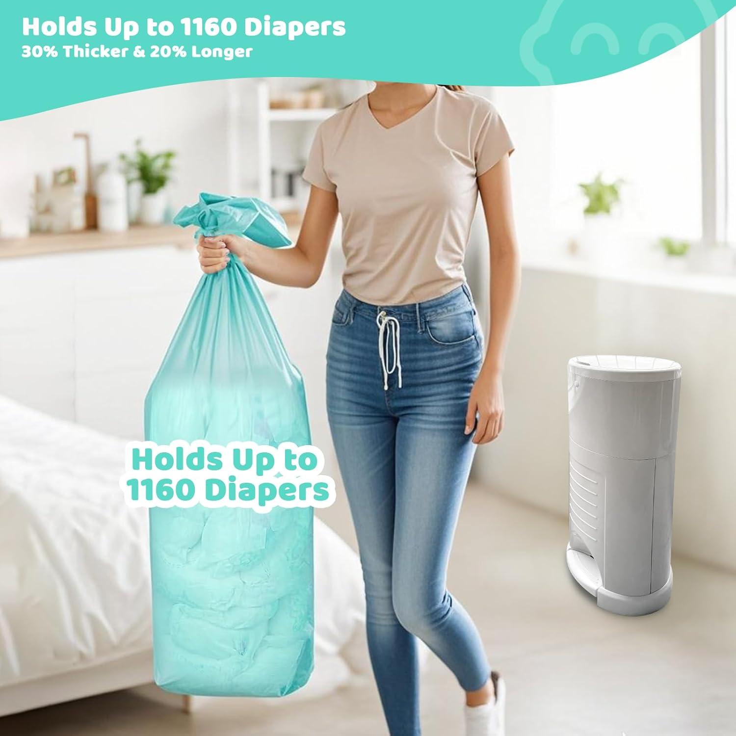 [2 Pack] Newnice Diaper Pail Refill Bags for Dekor Classic Diaper Pail, 30% Extral Thicker Diaper Genie Refills, Continuous Liners For Baby & Adult Diapers, Nursery Trash Solution