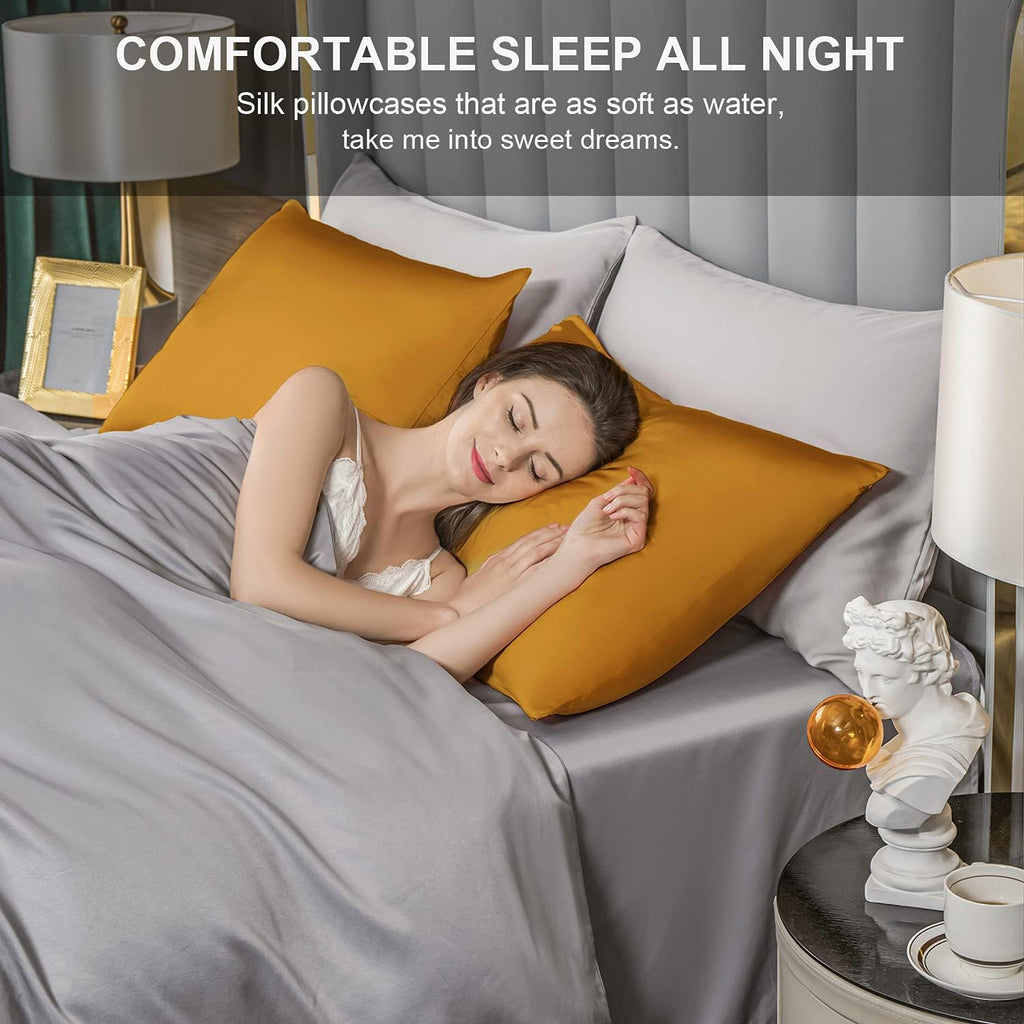 SIYUAN Mulberry Silk Pillowcase for Hair and Skin, Standard Size Cooling Silk Pillow Case with Hidden Zipper, Allergen Proof Dual Sides Soft Breathable Smooth Silk Pillow Cover for Women, Golden