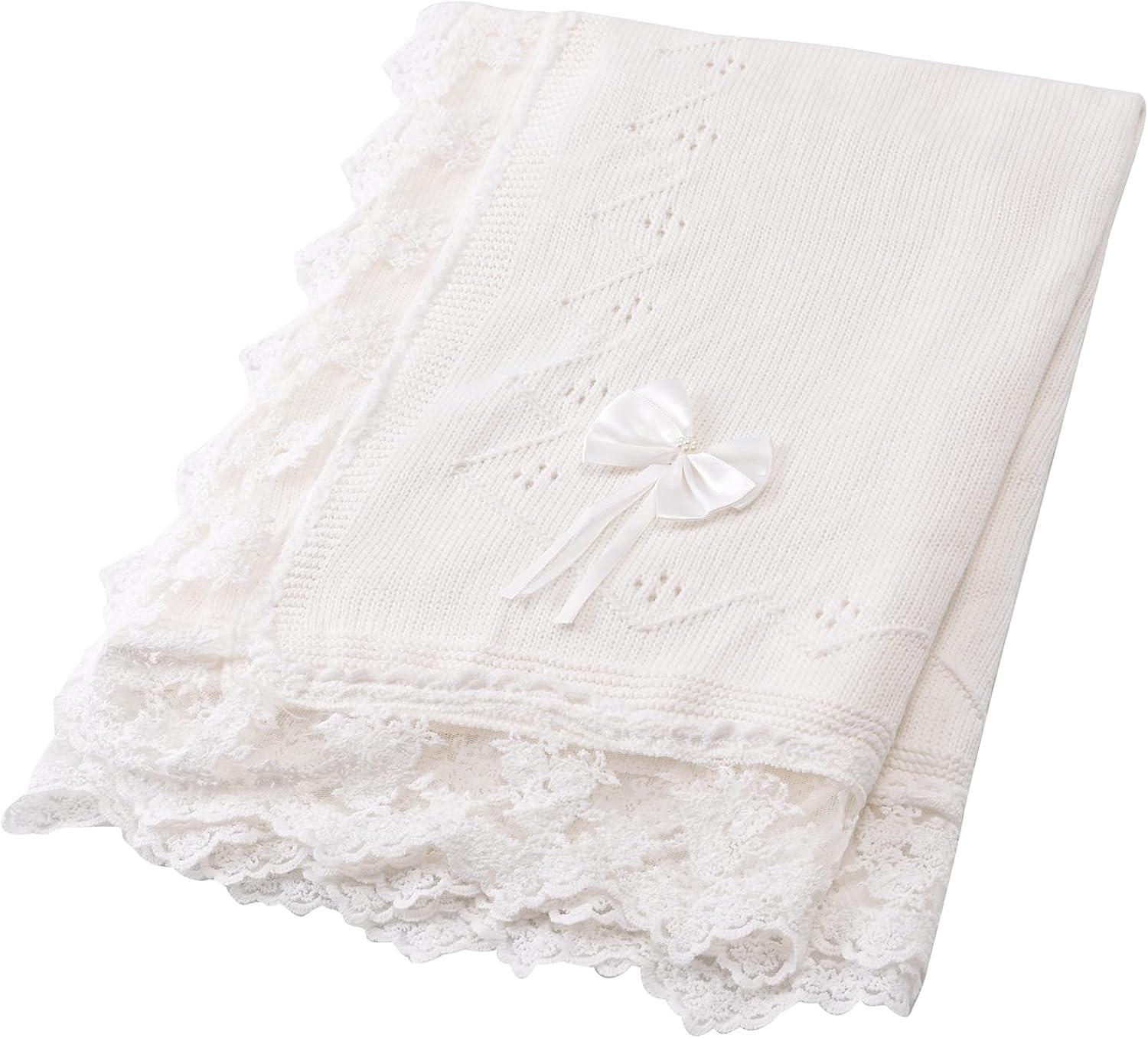 Booulfi Baby Blanket for Girls Boys Swaddles for Newborns Receiving Blankets Neutral Baptism Christening Knit White Baby Blanket Small Baby Crib Blanket, 37x42