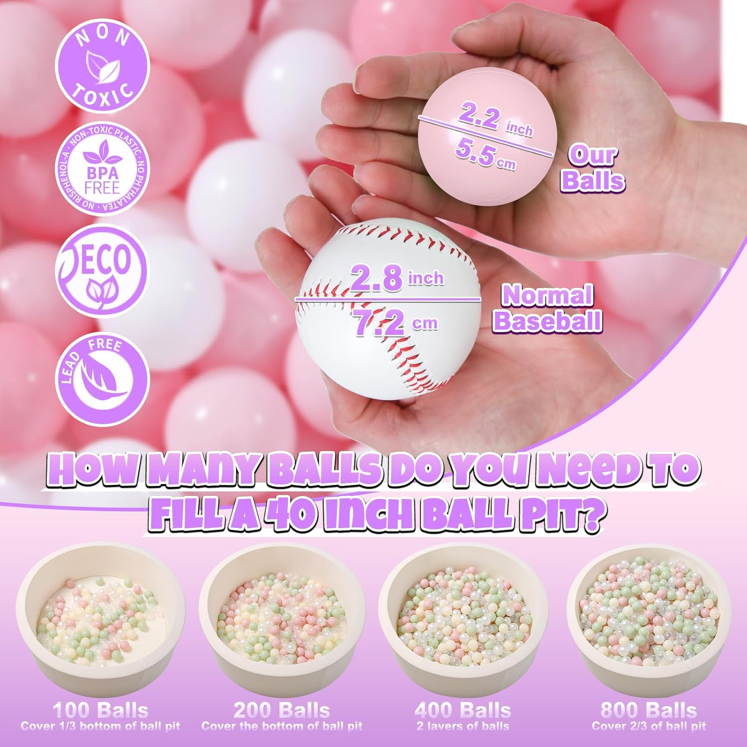 GOGOSO Ball Pit Balls 100 PCS for Toddles, Kids Plastic Balls for Ball Pit, Pool, Pink Party Accessories, Birthday Decoration, Crush Proof and Durable with Storage Bag