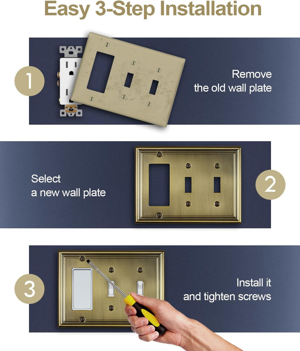 Antique Brass Combination 2 Toggle and 1 Decorator Wall Plates, 1-Pack Metal Switch Plates and Outlet Covers, 3-Gang, 6.77''*4.88'', Midsize