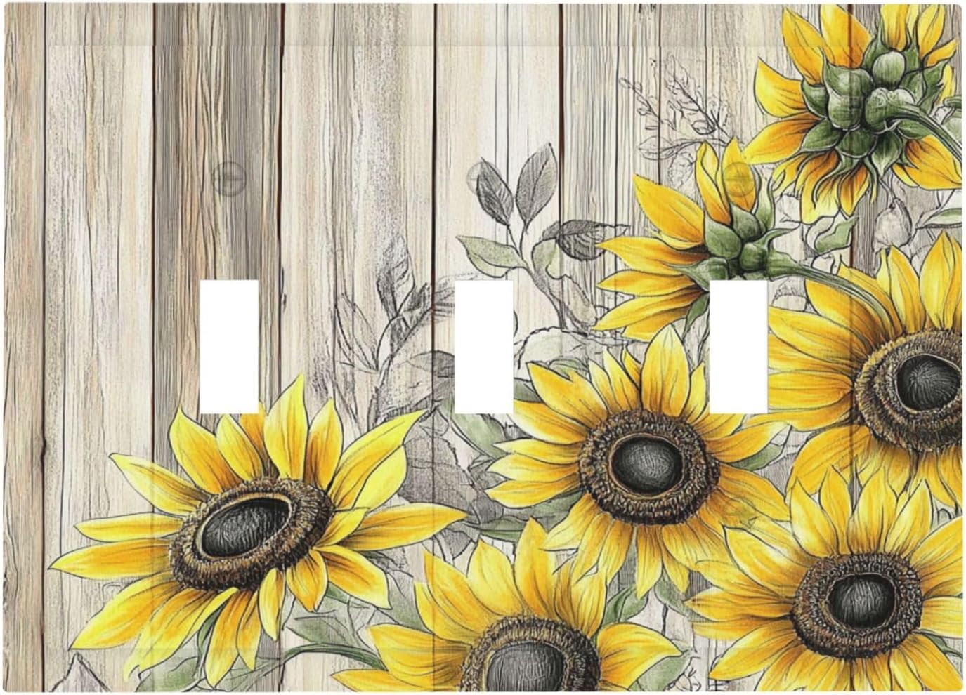 Decorative Switch Plates Floral Sunflower Rustic Flower Vintage Wood 3 Gang Wall Plate Triple Toggle Light Switch Cover Faceplate Electrical Wall Panels For Farmhouse Cabin Decor