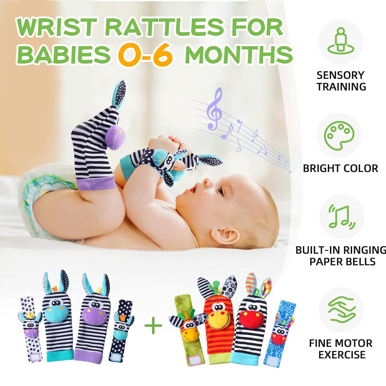Baby Rattle Socks Set, Hand and Foot Finder Rattles Toys for Babies 0-6 Months, Infant Shower Gifts Set with Wrist Rattle Socks, Newborn Sensory Toy for Boys Girls 0-12 Months