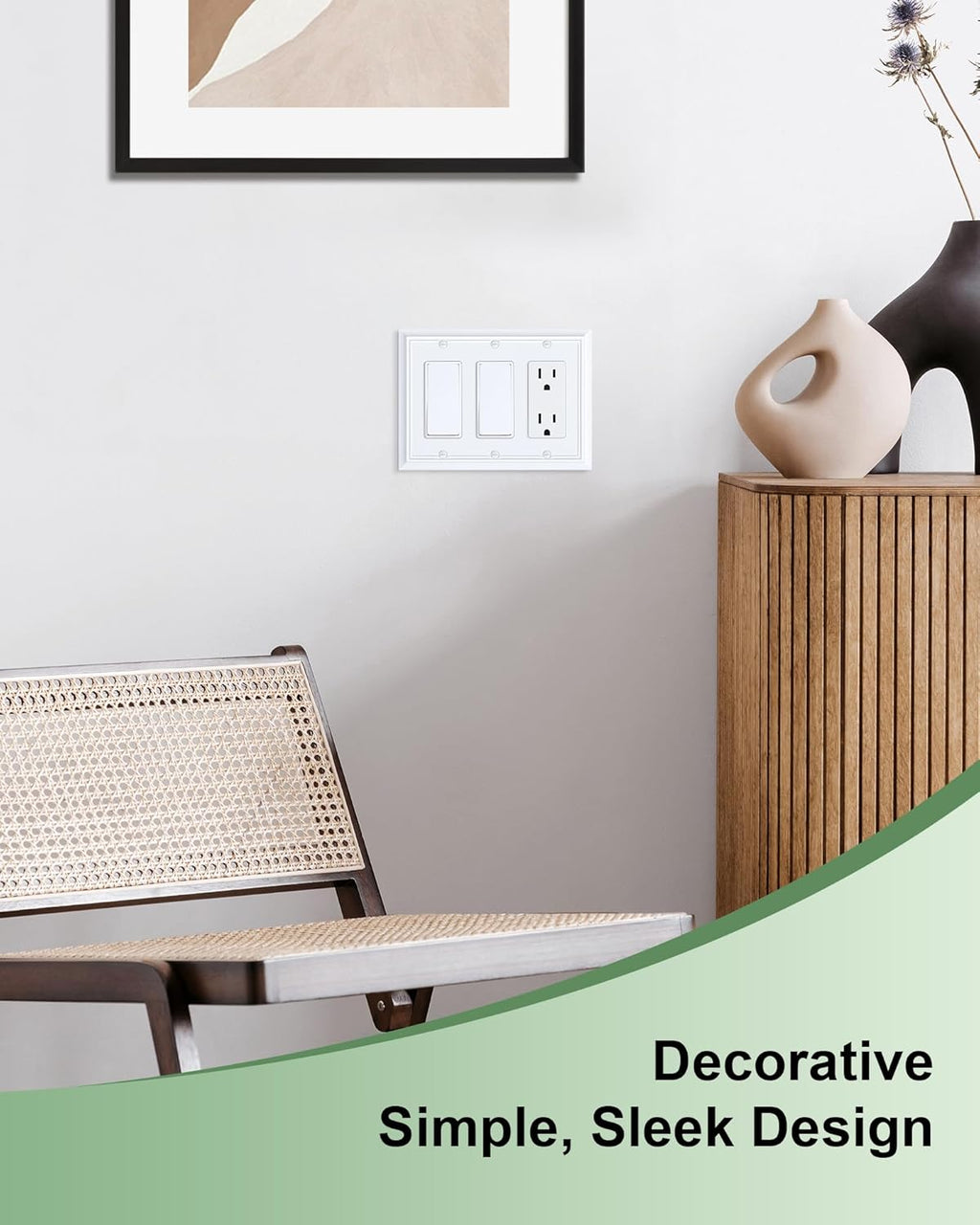 2-Pack Decorative Tripple Decorator Outlet Cover Plate, Durable Natural Bamboo Fiber Pure White Wall Plates for Electrical Outlets, Receptacle, GFCI Outlet, Dimmer Switch, 3-Gang, Corrosion Resistant