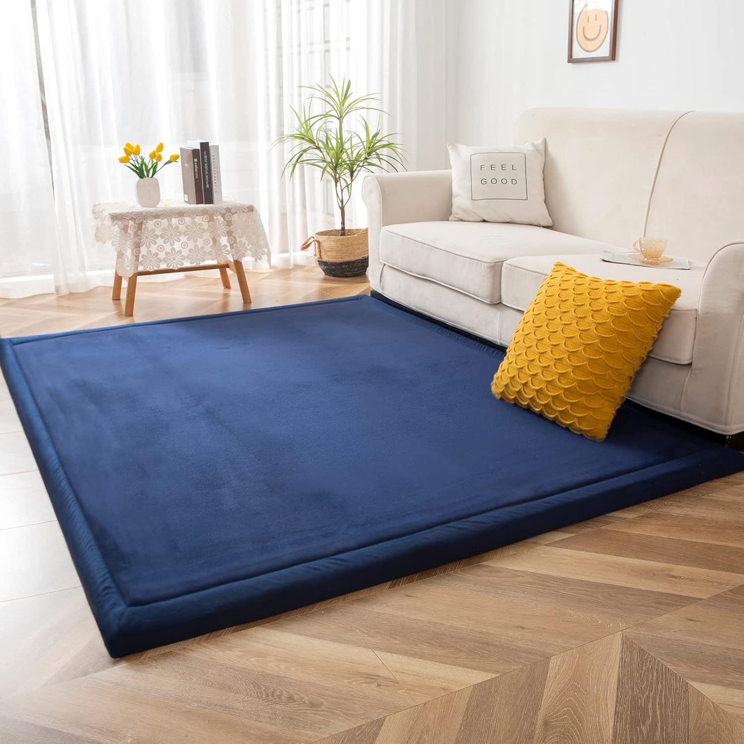 MAXYOYO Coral Velvet Area Rug, Thick Japanese Tatami Mat Living Room Carpet with Non-Slip Backing, Large Solid Color Mat for Bedroom Dormitory Yoga, Navy, 78 by 158 inch