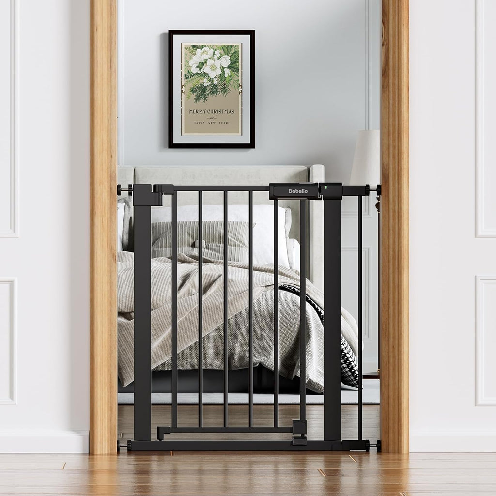 BABELIO Baby Gate for Doorways and Stairs, 26-31" Pet Gate with Wide Walk Thru Door and Lock Indicator, No Drill Pressure Mounted Safety Gate with Double Lock and Self-Closing, Black
