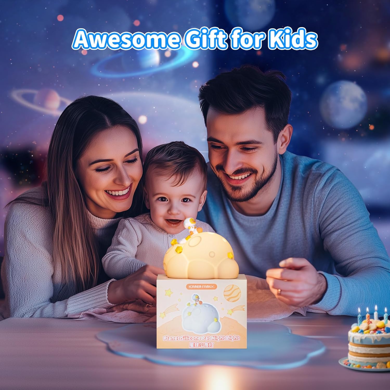 Planet Night Light for Kids, 3 Lightness Auto-Off LED Rechargeable Silicone Squishy Tap Control Beside Lamp, Nursery Night Light for Baby,Gift for Child,Boys and Girls