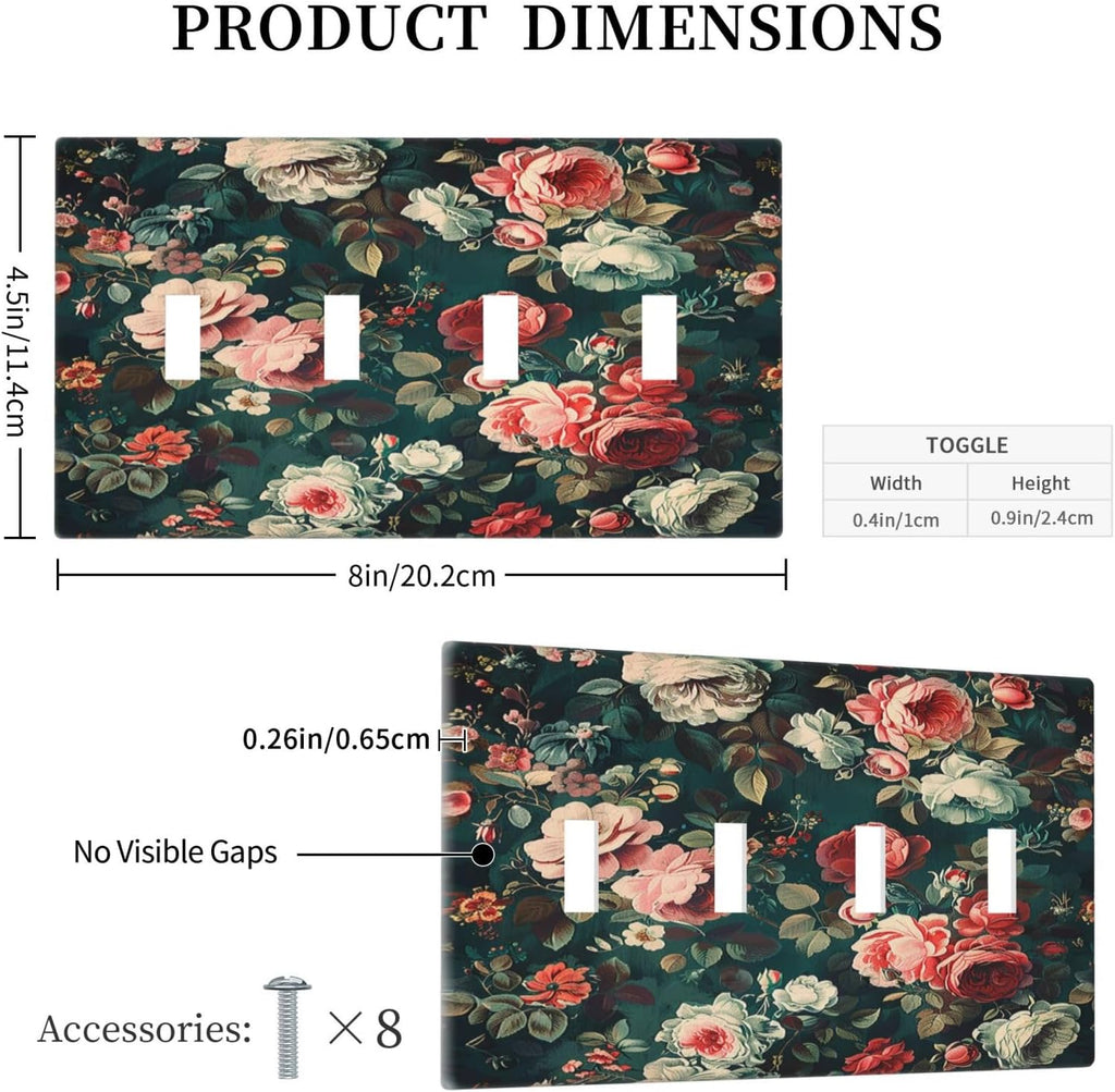 Light Switch Covers Baroque Vintage Peony Flower Floral Quad Toggle Electrical Faceplate 4 Gang Wall Plate Decorative Switch Plates for Bedroom Farmhouse Decor