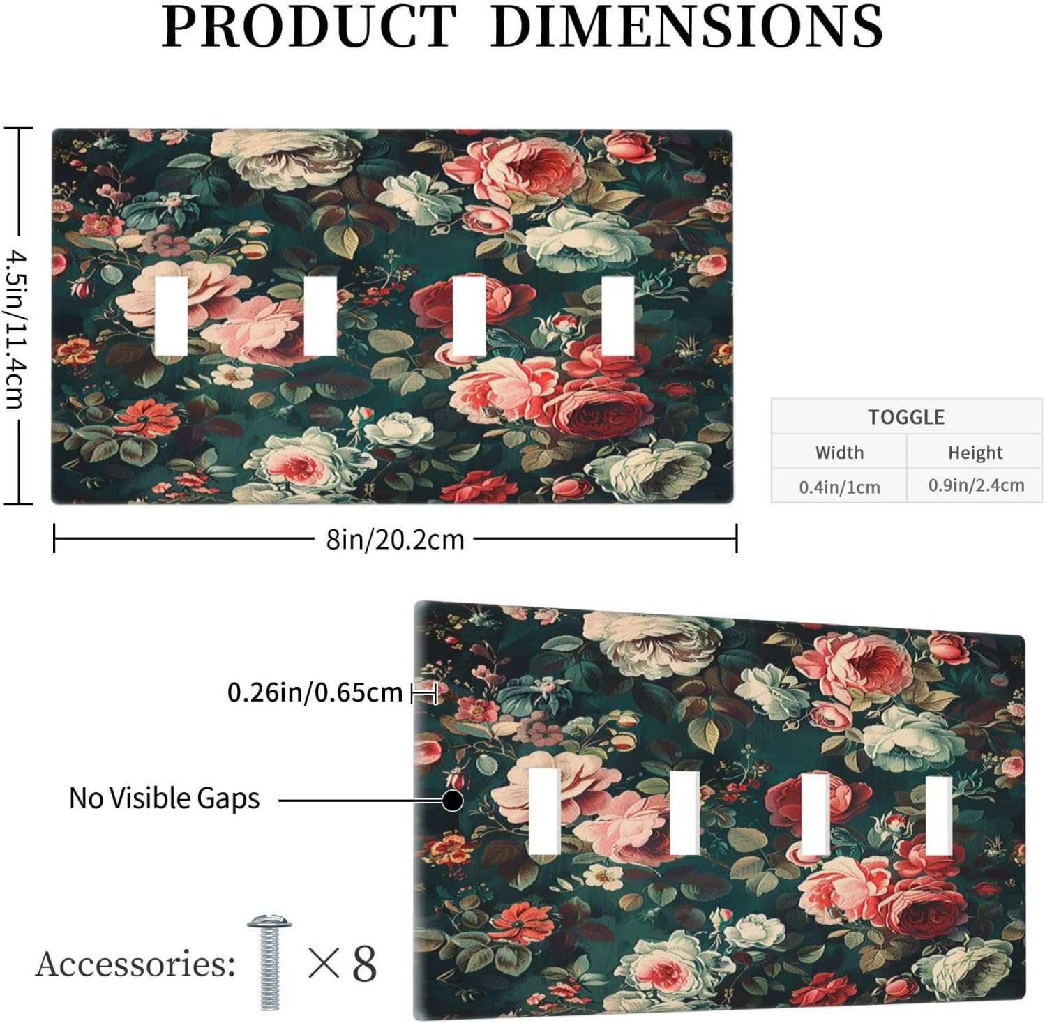 Light Switch Covers Baroque Vintage Peony Flower Floral Quad Toggle Electrical Faceplate 4 Gang Wall Plate Decorative Switch Plates for Bedroom Farmhouse Decor