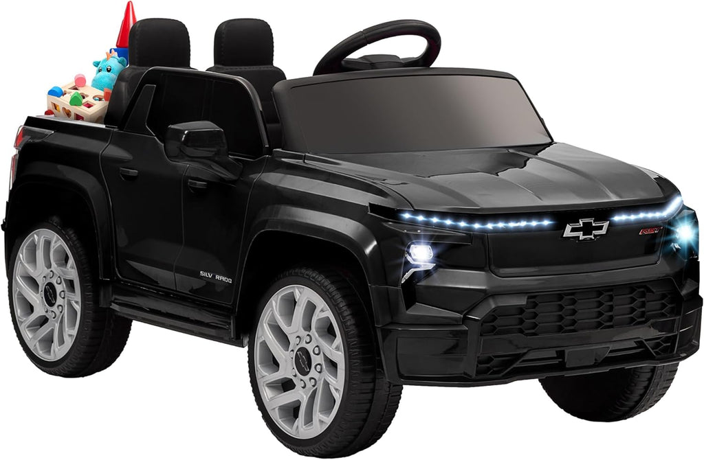 Qaba 12V Kids Ride on Truck, Chevrolet Silverado EV RST Licensed Electric Car with Parent Remote Control, Back Storage, Spring Suspension, Soft Start, Auxiliary Wheels, LED Lights, Music, MP3, Black