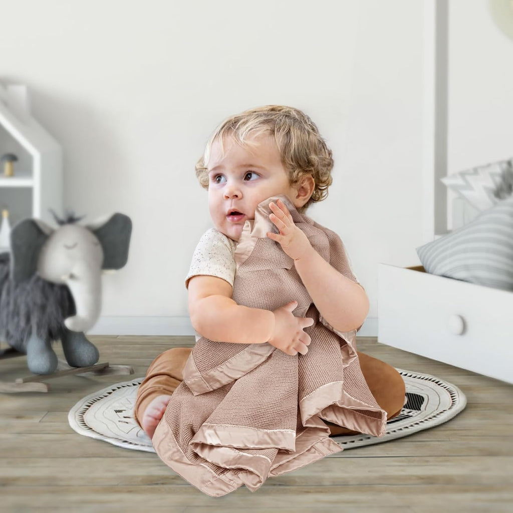 lulumoon Swaddle Baby Blanket: Waffle Blanket with Satin Trim - Breathable Toddler Blankets Perfect for Nursing Cover and Playtime - Cotton Crib Quilt for Daytime Naps 40"x36"(Dusty Rose)