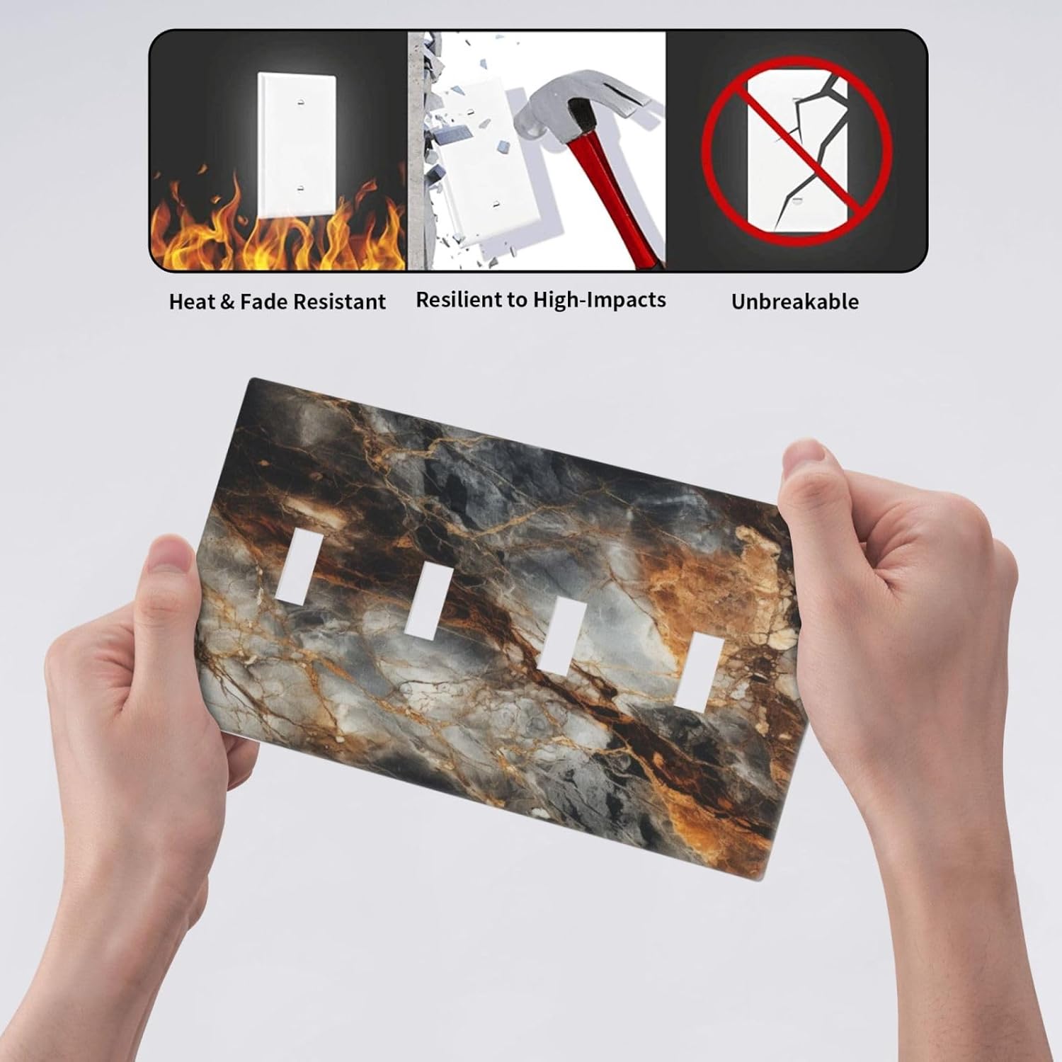 Brown Marble Granite Golden Lines Print Light Switch Covers Quad Toggle Electrical Faceplate 4 Gang Wall Plate Decorative Switch Plates for Bathroom Kitchen Decor