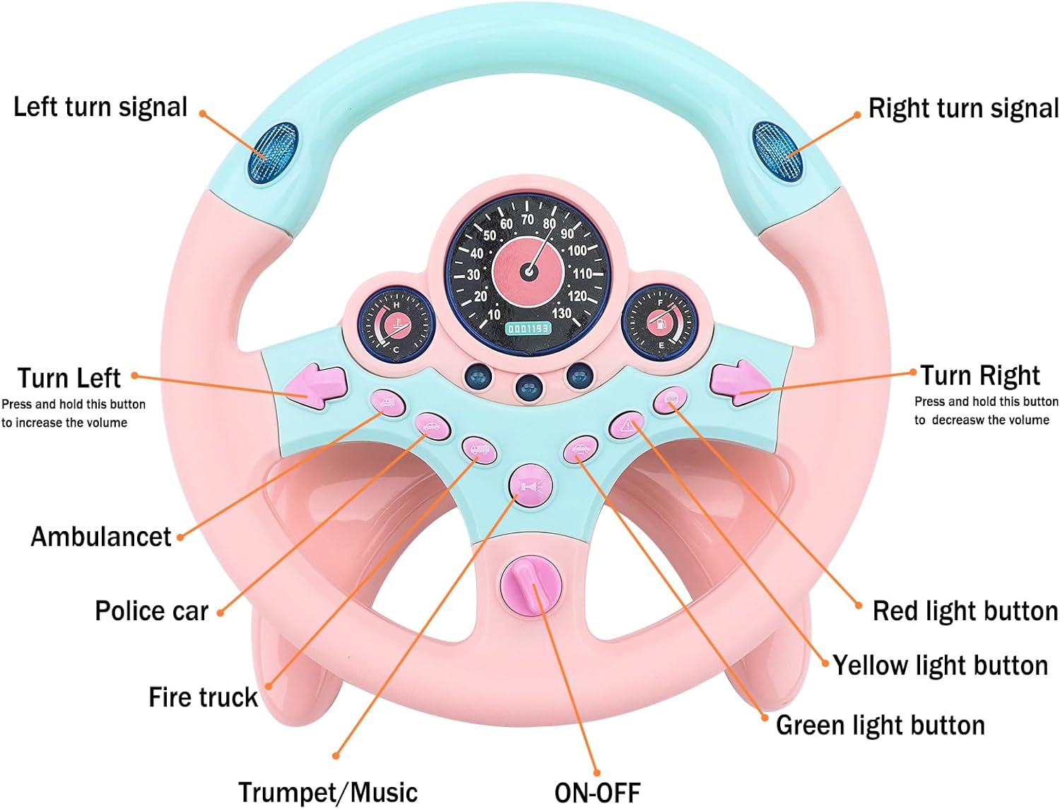 deAO Kids Steering Wheel for Backseat with Key Baby Toys Pretend Driving Simulated Steering Wheel Toy with Light and Music Gifts for Kids Toddlers (Pink)