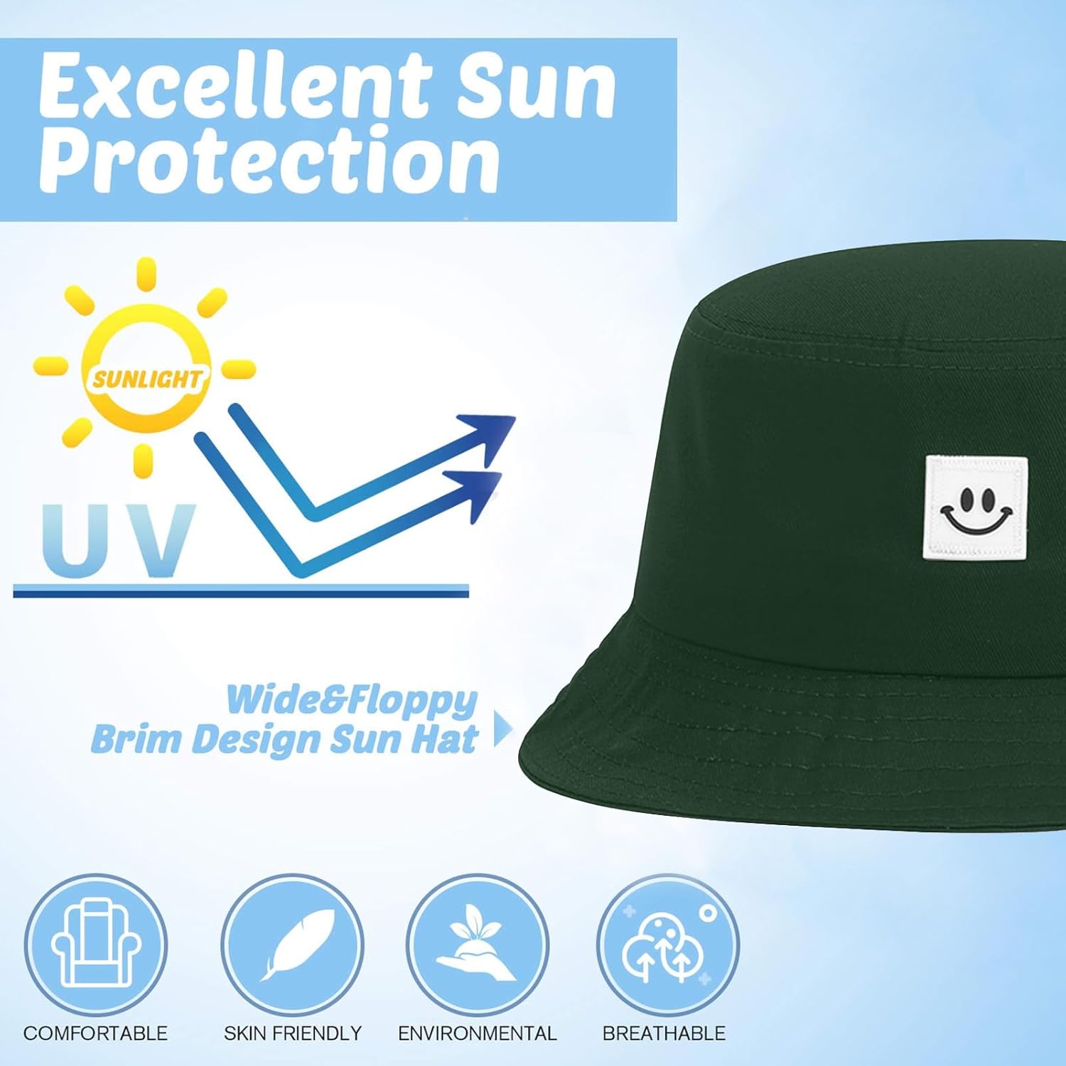 Kids Sun Hat Smile Face Bucket Hat for Girls Boys Summer Sun Protection Cotton Unisex Beach Cap