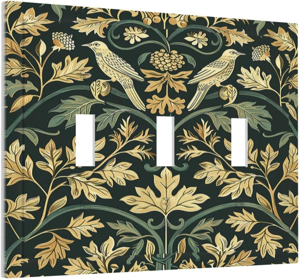Decorative Switch Plates William Morris Vintage Botanical Birds Golden Green Leaves 3 Gang Wall Plate Triple Toggle Light Switch Cover Faceplate Electrical Wall Panels for Bedroom Home