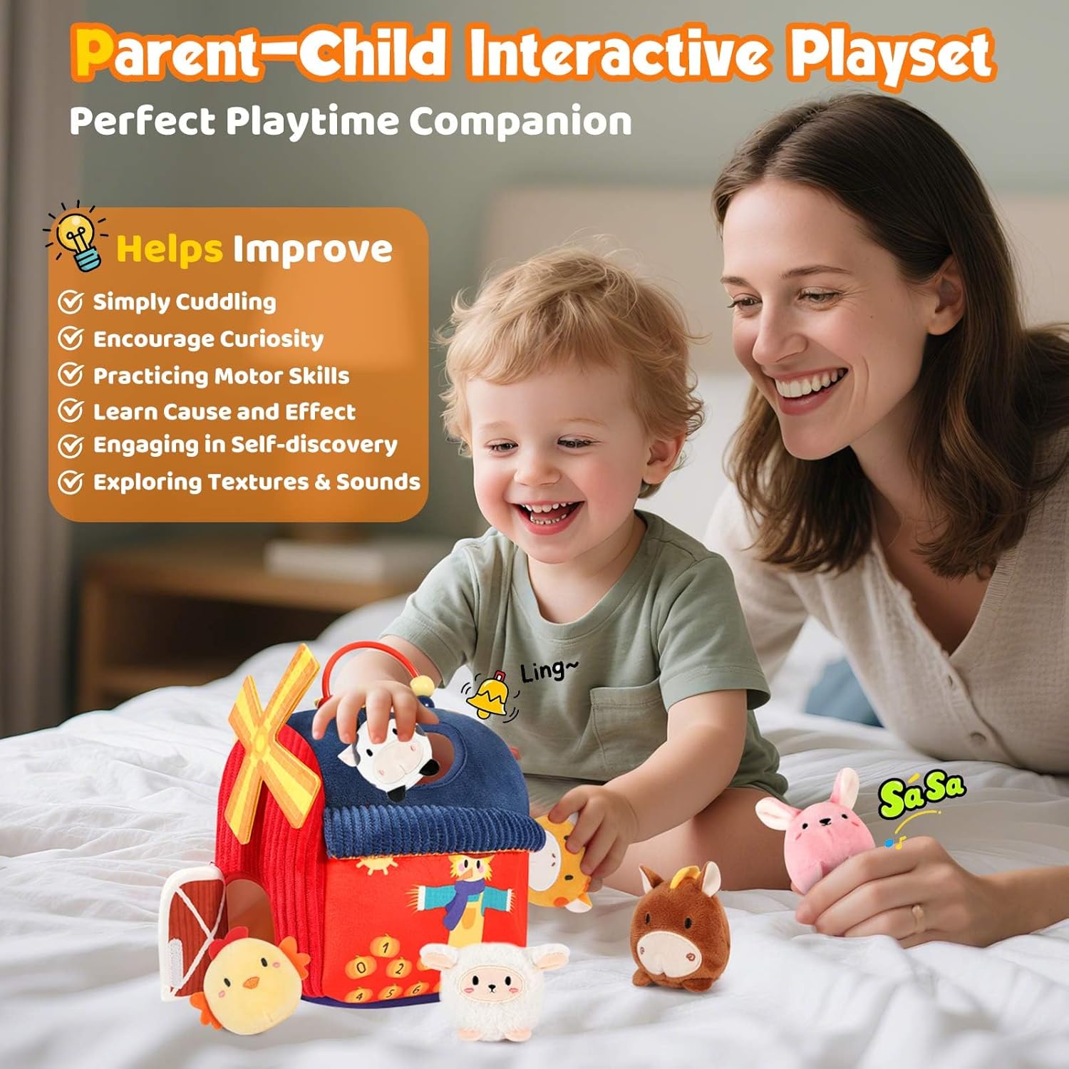 Baby Toys 6-12 Months - Soft Barn Toy with Stuffed Farm Animals, Rattle, Crinkle Paper, Squeaker, Mirror - Sensory Toys for 6+ Month Developmental, Montessori Toys for 1 Year Old Boy Girl Gift