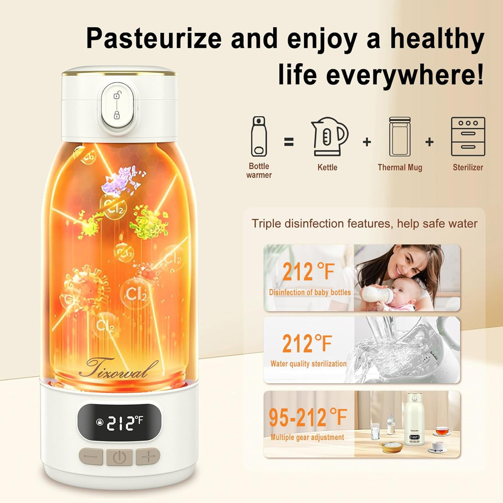 Portable Bottle Warmer for Travel Portable Milk Warmer for Baby Travel,Multi-Speed Keep Warm Function, 95-212℉ 17oz Capacity,66W Battery,24hrs Keep Warm,Best Choice for Travel Bottle Warmer on The Go