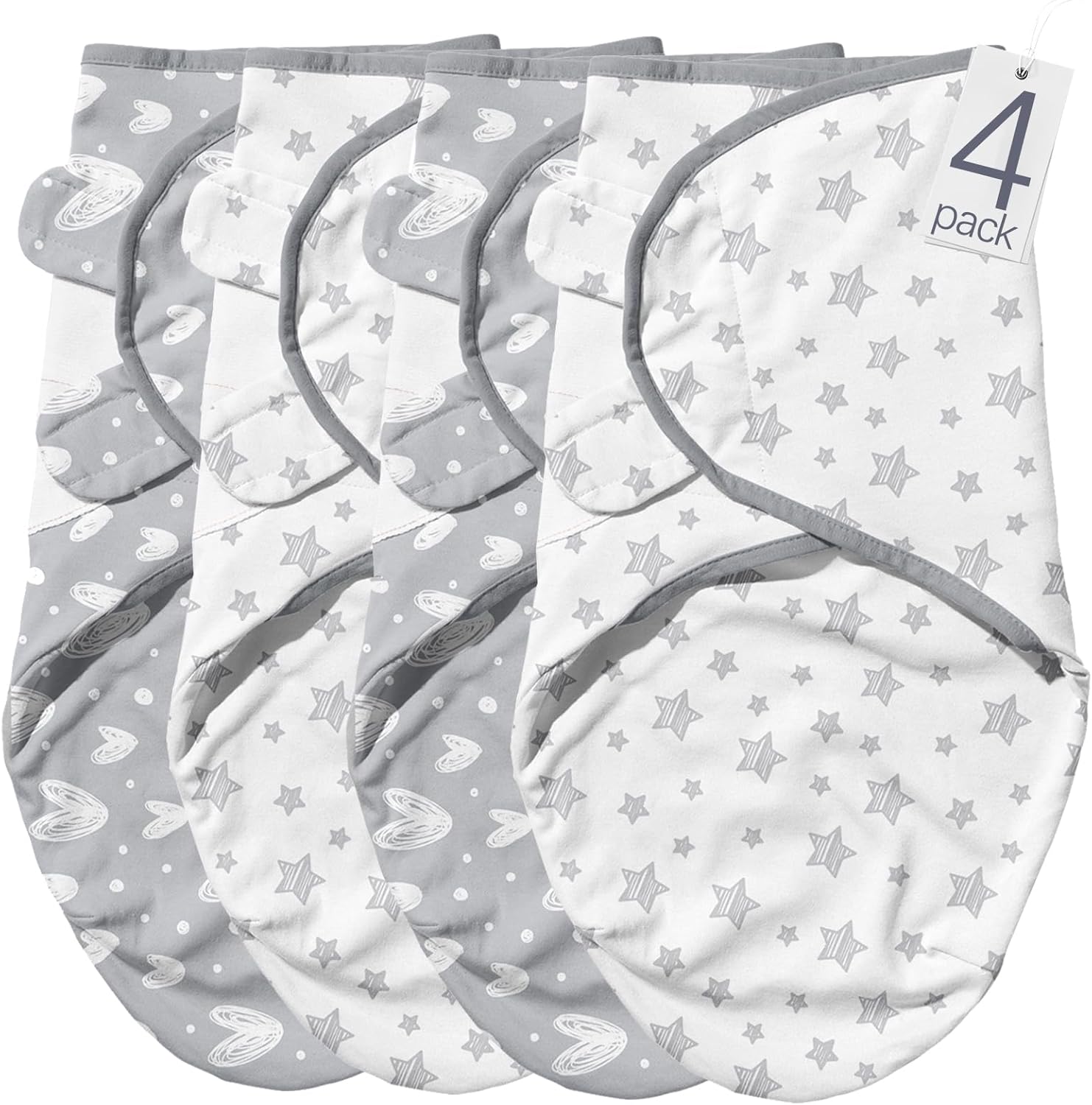 Biloban Baby Swaddles 0-3 Months for Boy & Girl, Cotton Swaddle Blanket, Newborn Essentials, Lovely Grey Print, 4 Pack