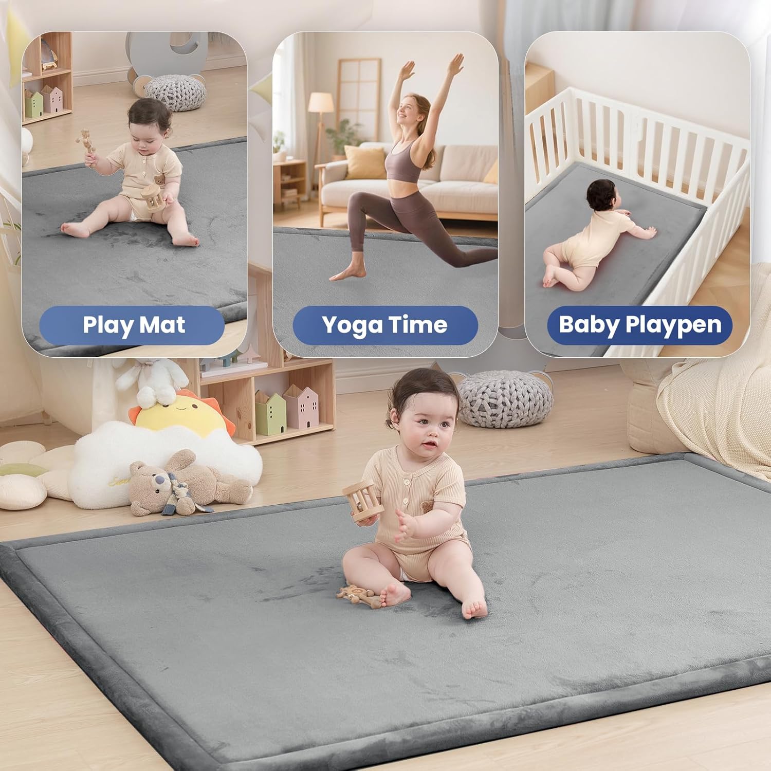 Baby Play Mat for Floor,1.3" Thick Memory foam Tummy Time Mat,Soft Coral Velvet Nursery Rug,Extra Large Non Slip Crawling Mats for Toddlers,Infants,kids,Yoga Mats & Tatami Style for Living Room(Dark Gray)