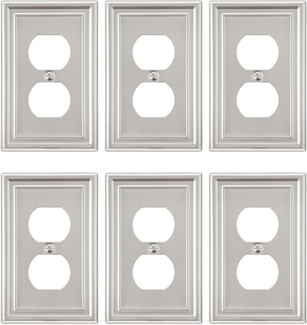 6-Pack Satin Nickel Outlet Cover, Single Duplex Wall Plate for Electrical Outlet, Light Switch, Durable Metal, 3.15''*4.88'', Midsize