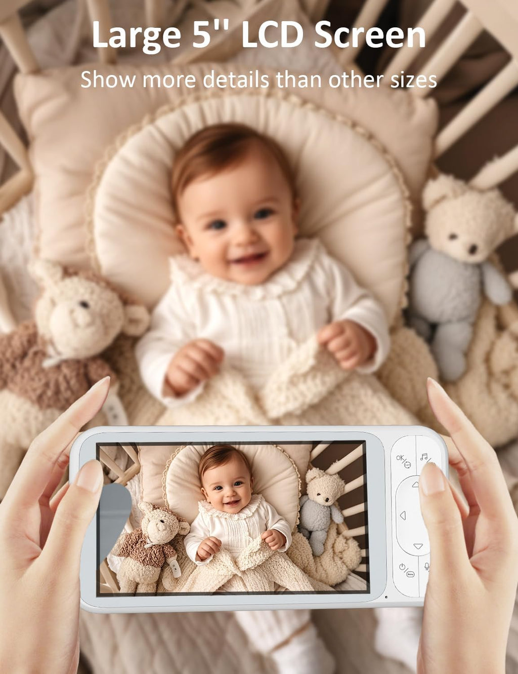 Baby Monitor, 5'' Screen with 32 Hours 5000mAh Battery, Pan-Tilt-Zoom Video 1080P Baby Monitor with Camera and Audio, Night Vision, VOX, 2-Way Talk, 8 Lullabies and 1200ft Range No WiFi