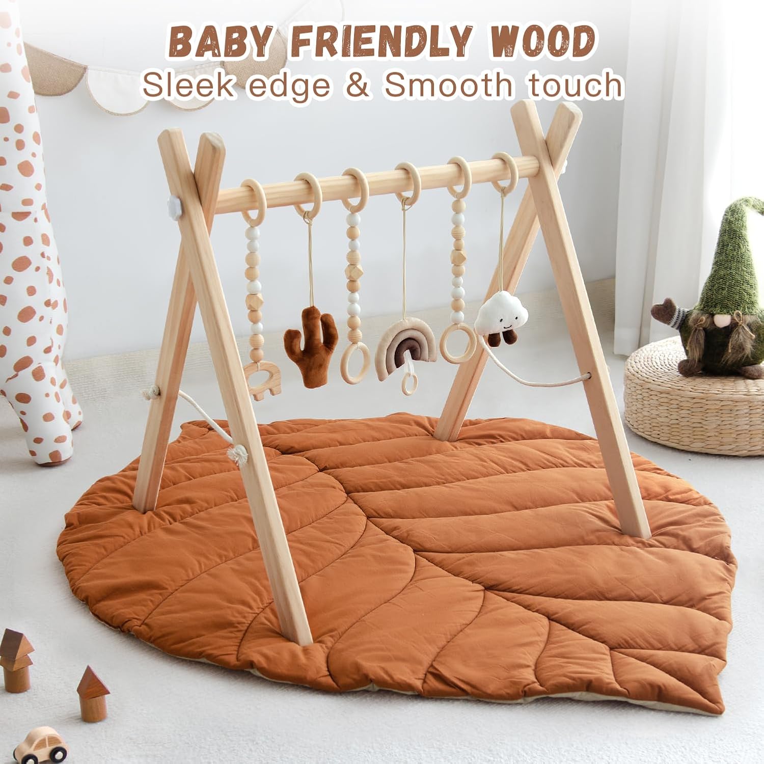 Razee Wooden Baby Play Gym Activity Mat, Leaf Shaped Play Mat Baby Gym with 6 Hanging Sensory Toys Foldable Baby Gym Newborn Infant Baby Use