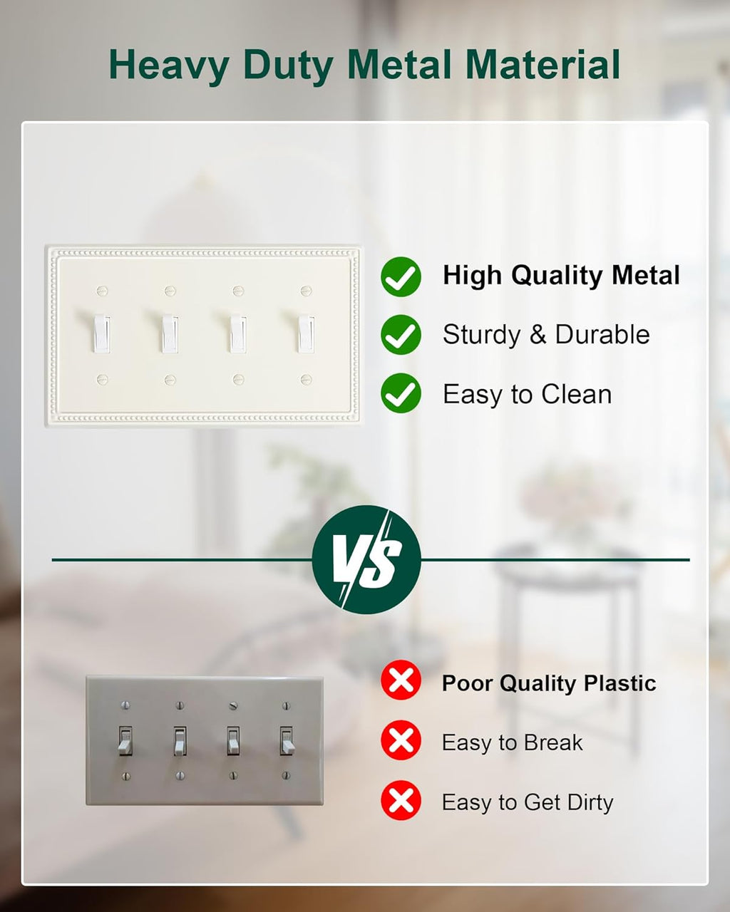 2-Pack Quad Toggle Light Switch Cover Plate, 4 Gang Metal Switch Plate Covers, Light Almond Pearls Decorative Wall Plate, Corrosion Resistant