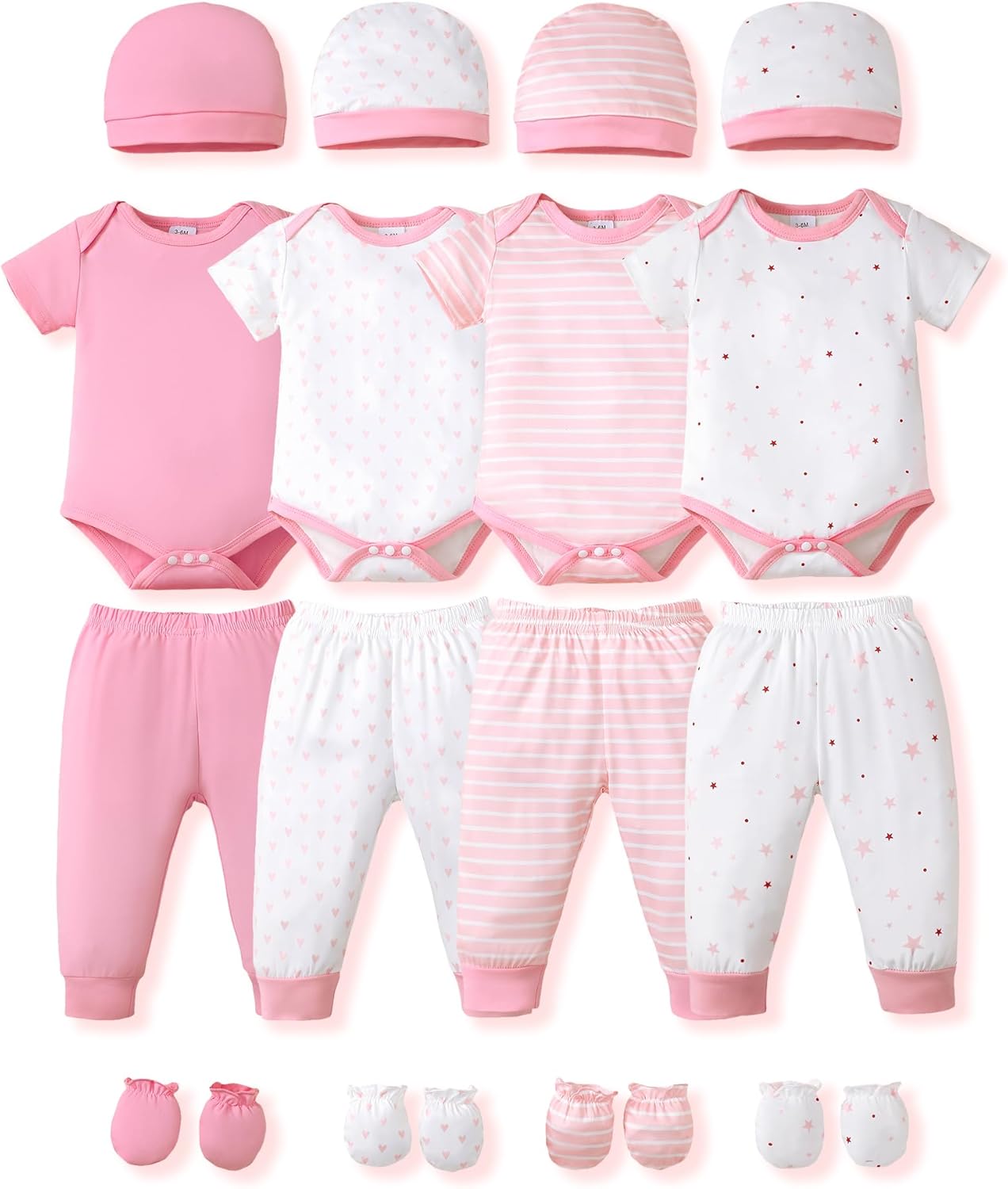 NZRVAWS Newborn Baby Boy Girl Clothes Unisex Infant Romper Pants Set Hat 4-Pack Outfits 0-12 Months 16 Pieces Toddler