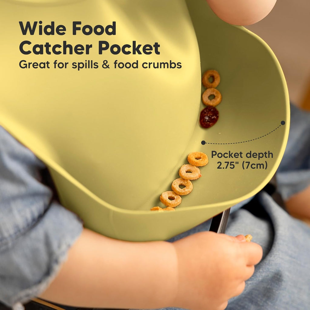 KeaBabies 2-Pack Silicone Baby Bibs for Eating - Sturdy Food-Grade Silicone Bibs for Babies Girl, Boy, Large Food Catcher, Clean & Put On Easily, Waterproof Toddler Feeding Essentials (Olives)