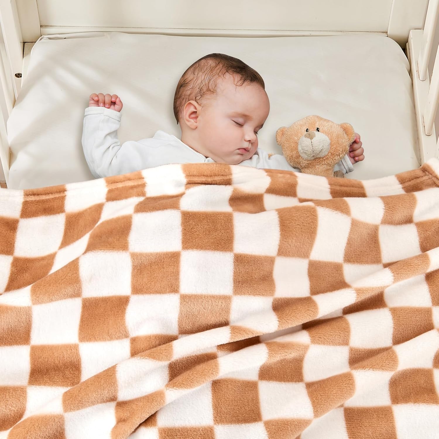 Yurhap Checkered Baby Blanket Fleece Baby Blankets Neutral for Boys Girls, Super Soft Warm Lightweight Infant Toddler Newborn Receiving Blankets for Crib Stroller, 30''x40'', Khaki