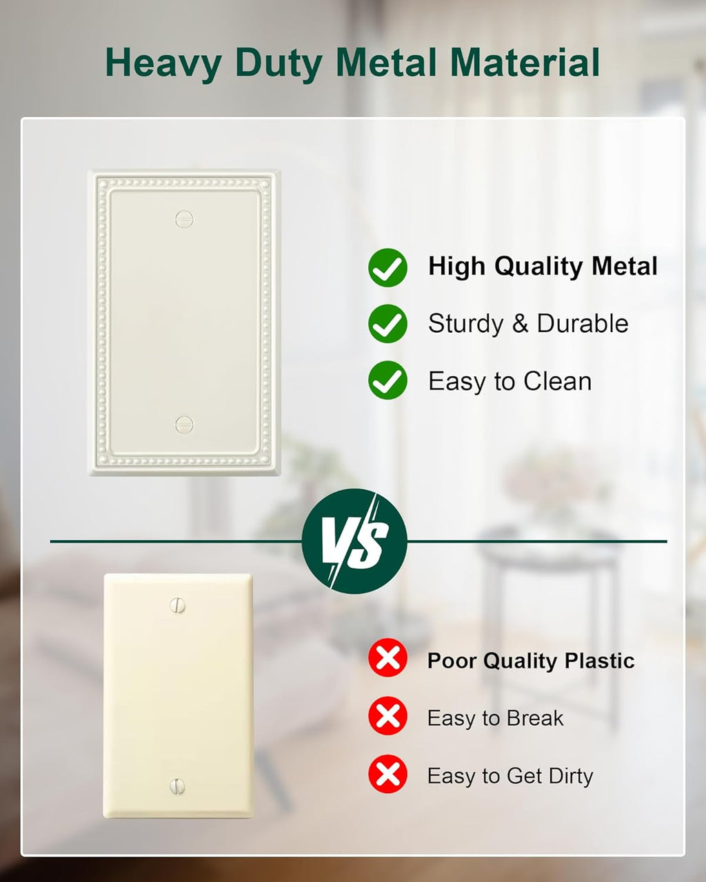 2-Pack Blank Outlet Cover Wall Plate, Metal Switch Plates Outlet Covers, Light Almond Pearls Beaded Decorative Wall Plates for Electrical Outlets