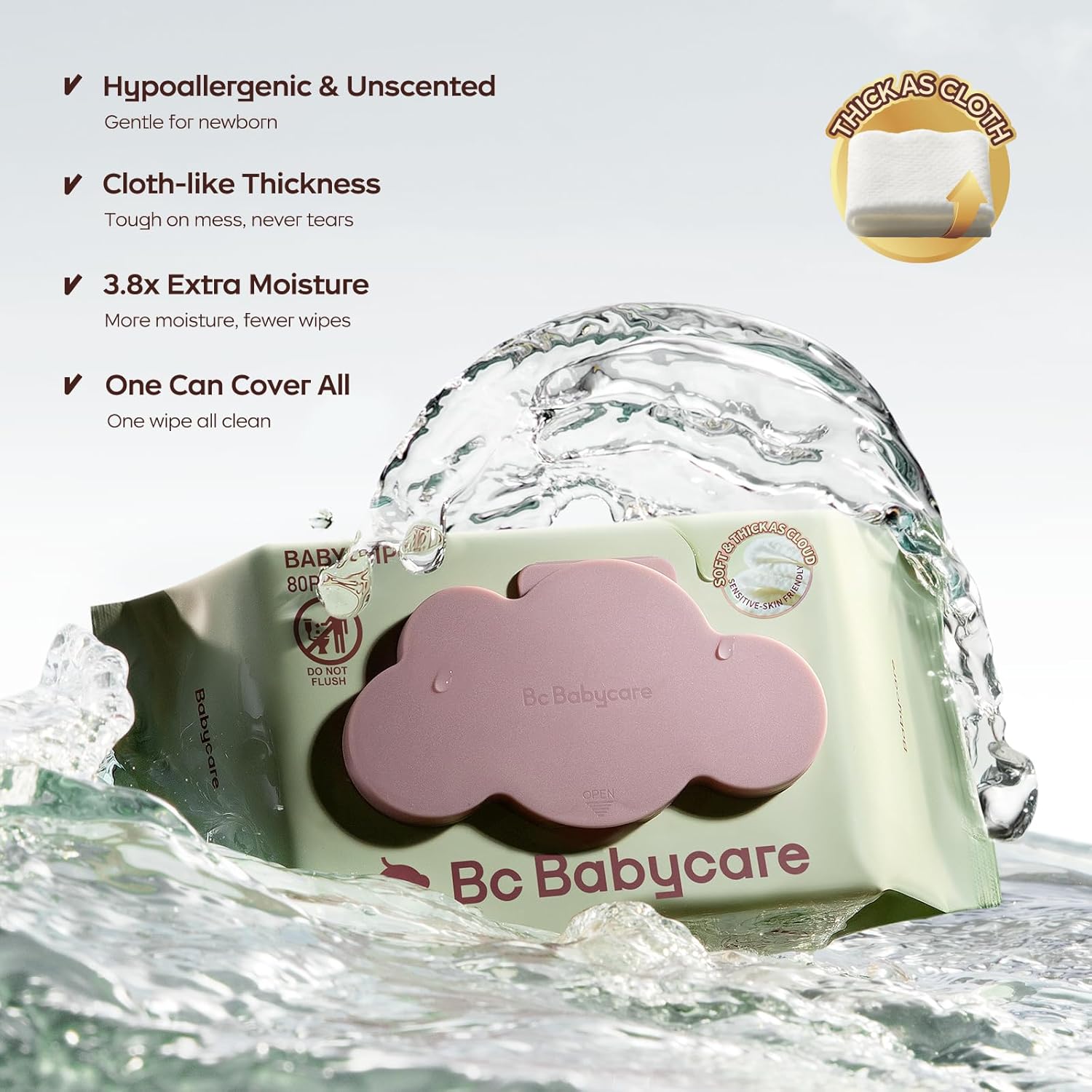 Bc Babycare Cloud Moist Baby Wipes, Thick & XL, 99% Water, Ultra-Hydrating, Unscented, Hypoallergenic for Sensitive Skin, Biodegradable, 8 Flip-Top, 640 Count